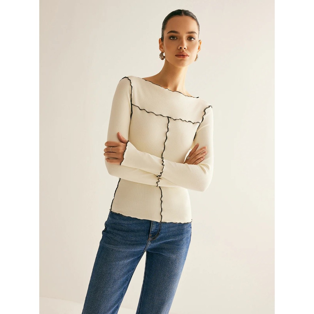 Commense Deep Burgundy Ribbed Lettuce Hem Seam Detail Long Sleeve Top Small - Picture 7 of 13